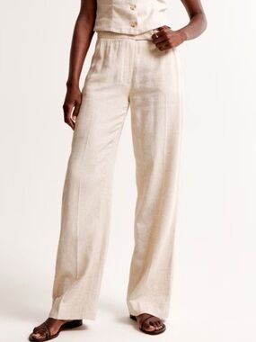 Abercrombie & Fitch Neutral Cream Wide-Leg Linen-Blend Pants